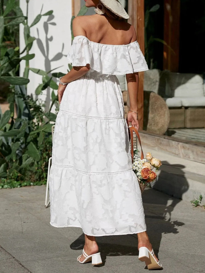 Off-Shoulder Ruched Midi Dress for Summer Wedding Guest