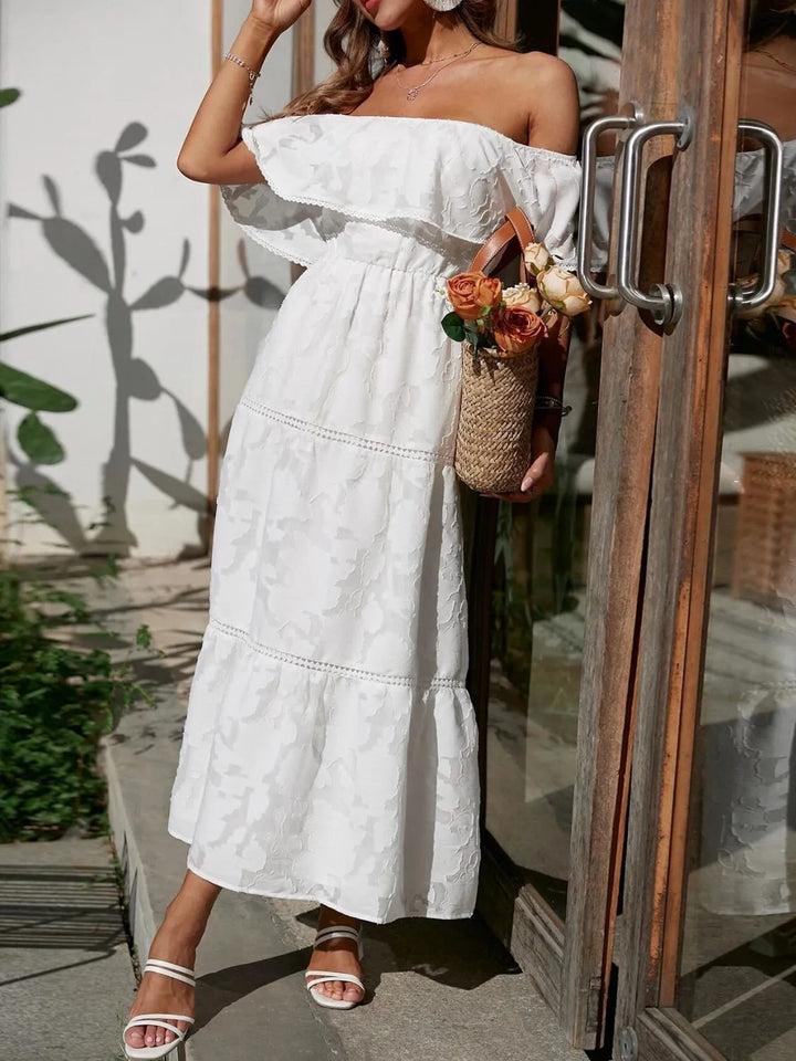 Off-Shoulder Ruched Midi Dress for Summer Wedding Guest