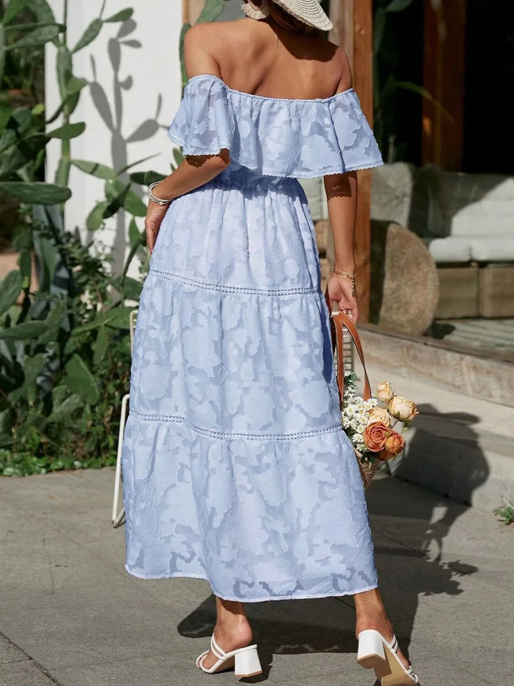 Off-Shoulder Ruched Midi Dress for Summer Wedding Guest