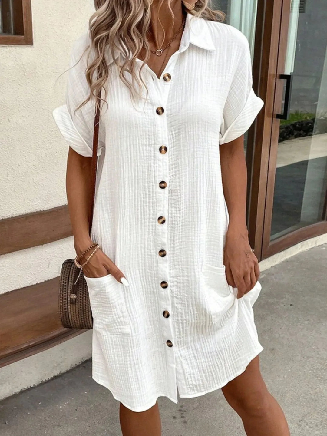 Cotton Shirt Mini Dress with Pockets for Women Summer