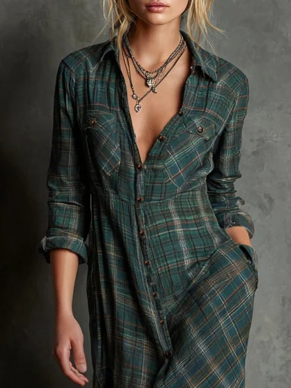 Maxi Dress Women's Cotton Plaid Lapel Shirt Dress Elegant Summer Long Sleeve Gown