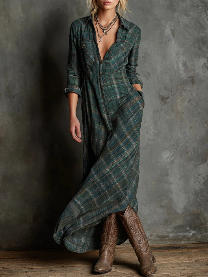 Maxi Dress Women's Cotton Plaid Lapel Shirt Dress Elegant Summer Long Sleeve Gown