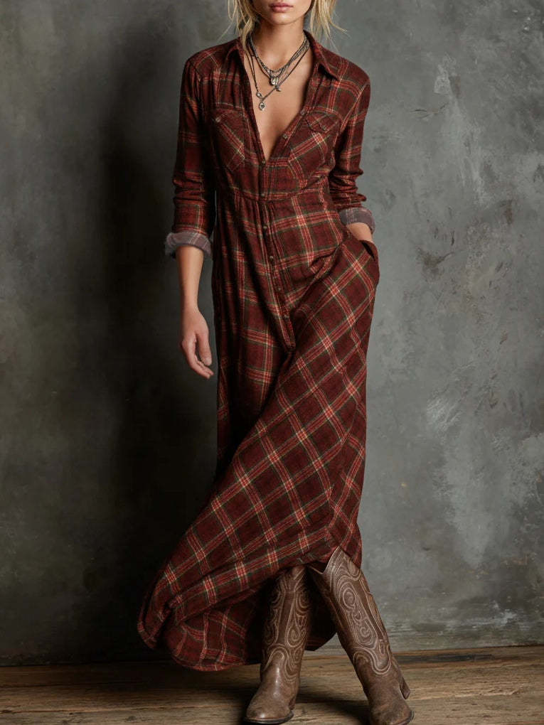 Maxi Dress Women's Cotton Plaid Lapel Shirt Dress Elegant Summer Long Sleeve Gown