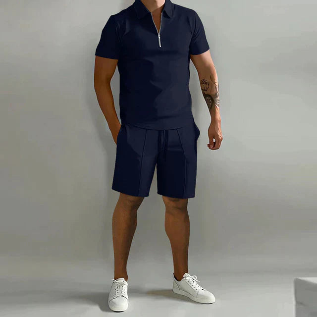 Men's Polo and Shorts Set Summer Fashion Breathable Cotton Knit Outfit Set