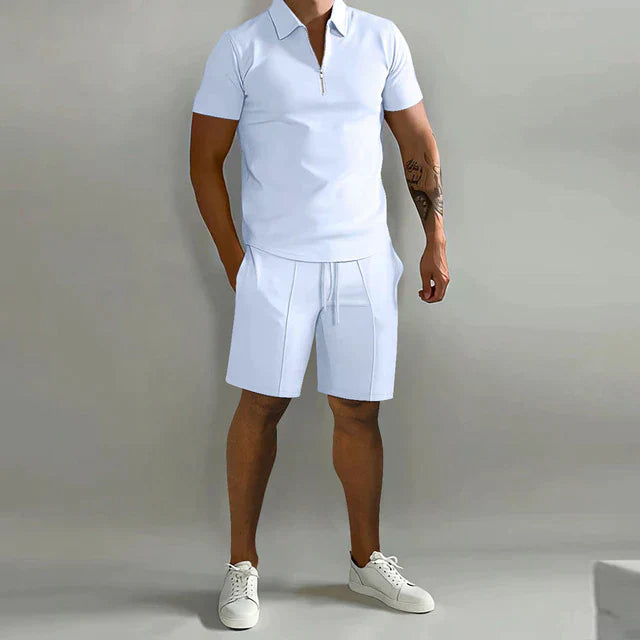 Men's Polo and Shorts Set Summer Fashion Breathable Cotton Knit Outfit Set