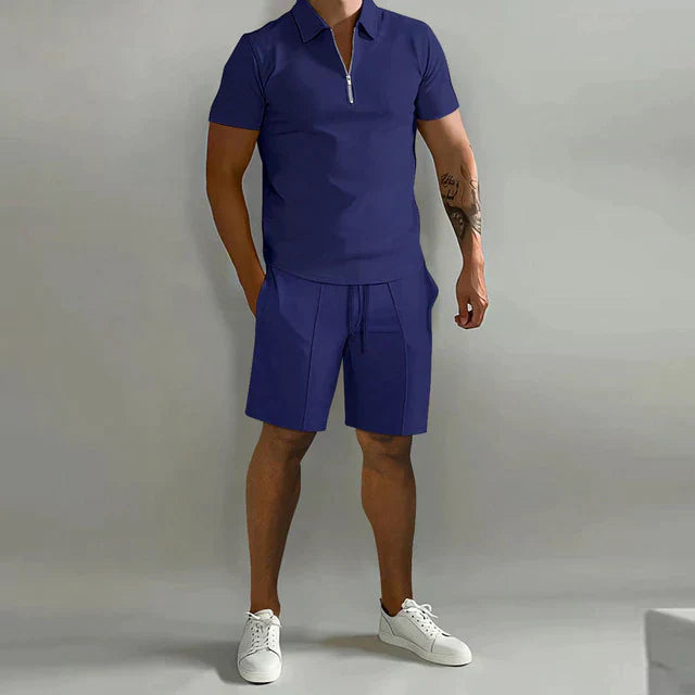 Men's Polo and Shorts Set Summer Fashion Breathable Cotton Knit Outfit Set