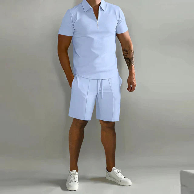 Men's Polo and Shorts Set Summer Fashion Breathable Cotton Knit Outfit Set