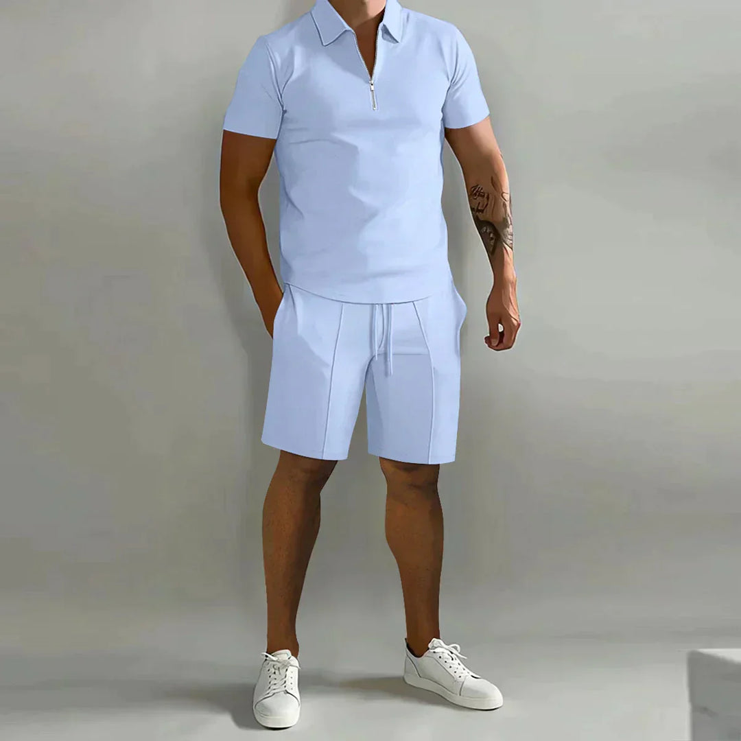 Men's Knit Quarter-Zip Polo and Shorts 2-Piece Set