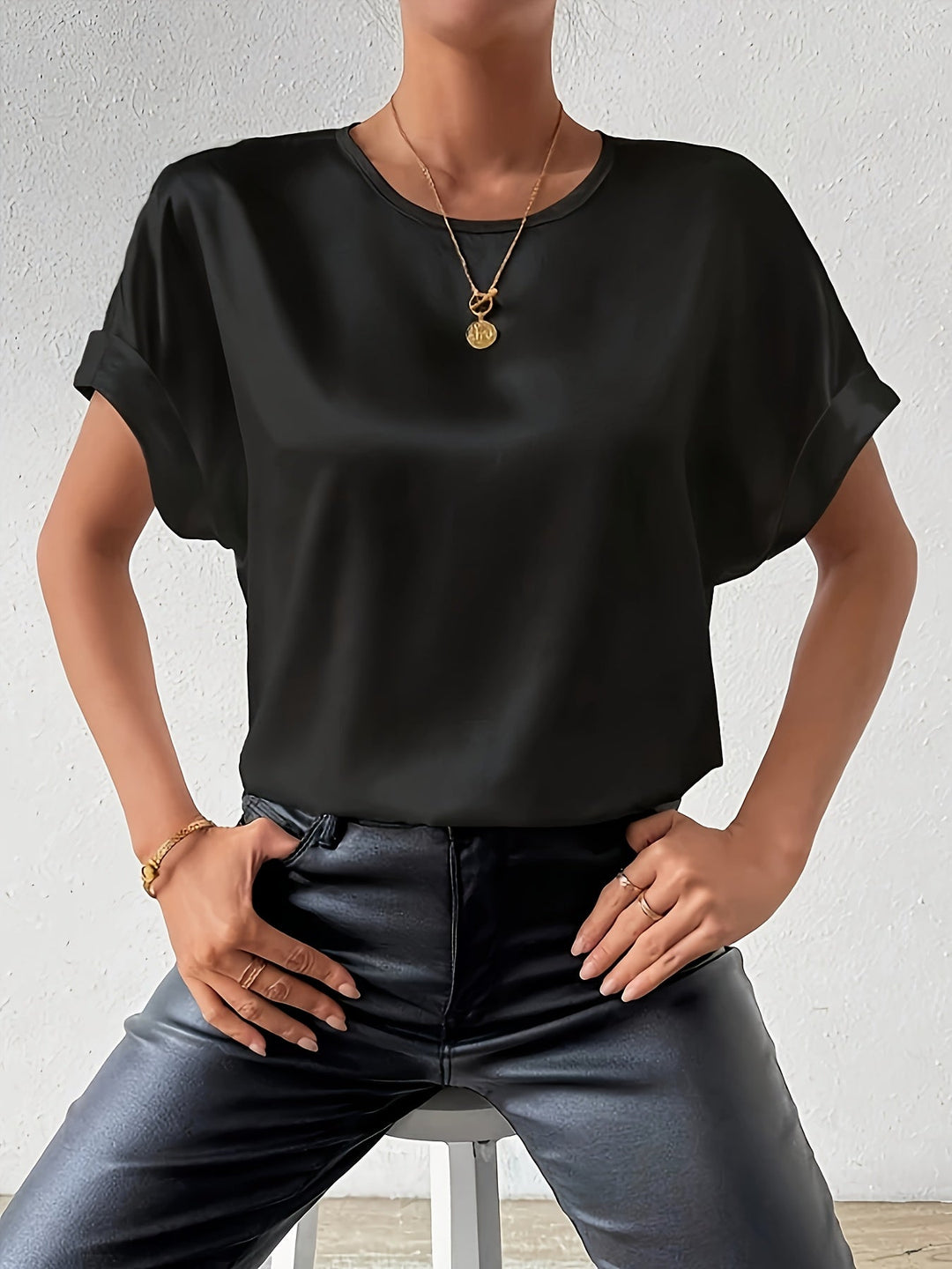 Satin Blouse Short Sleeve Cotton Blend Top Women's Summer Fashion