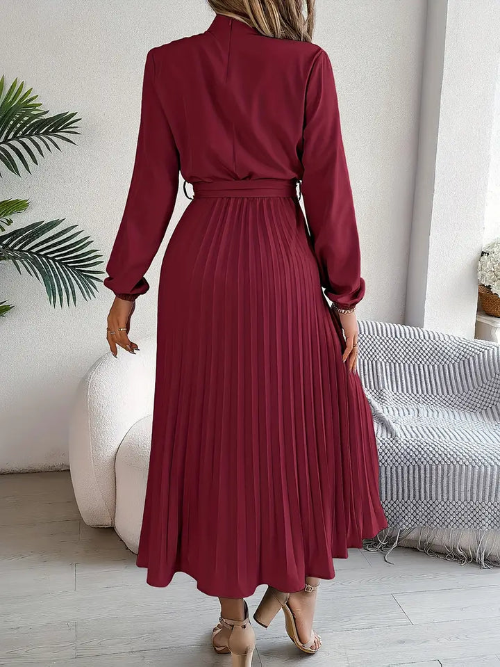 Women's Pleated Midi Dress Long Sleeve Summer Tie Waist