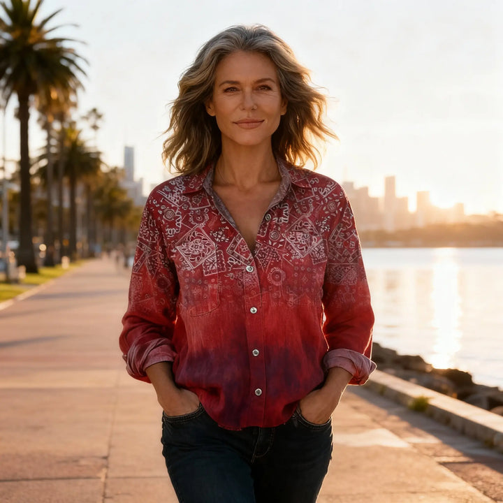 Women's Blouse Cotton Vintage Print Summer Long Sleeve Shirt