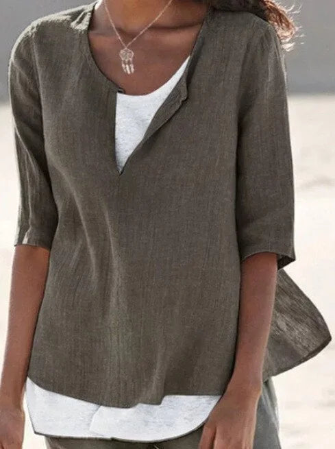Women's Knit Layered Tunic V-Neck Loose Fit Blouse