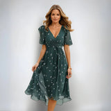 Cotton V-Neck Midi Dress Women's Summer Elegant Chiffon
