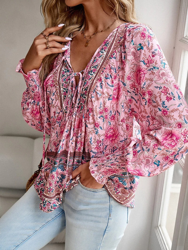 Cotton Floral Print Blouse Ruffled Cuffs Long Sleeve Top Lightweight For Women