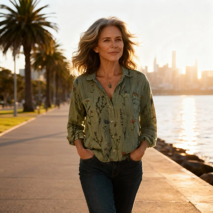 Women's Blouse Cotton Vintage Print Summer Long Sleeve Shirt