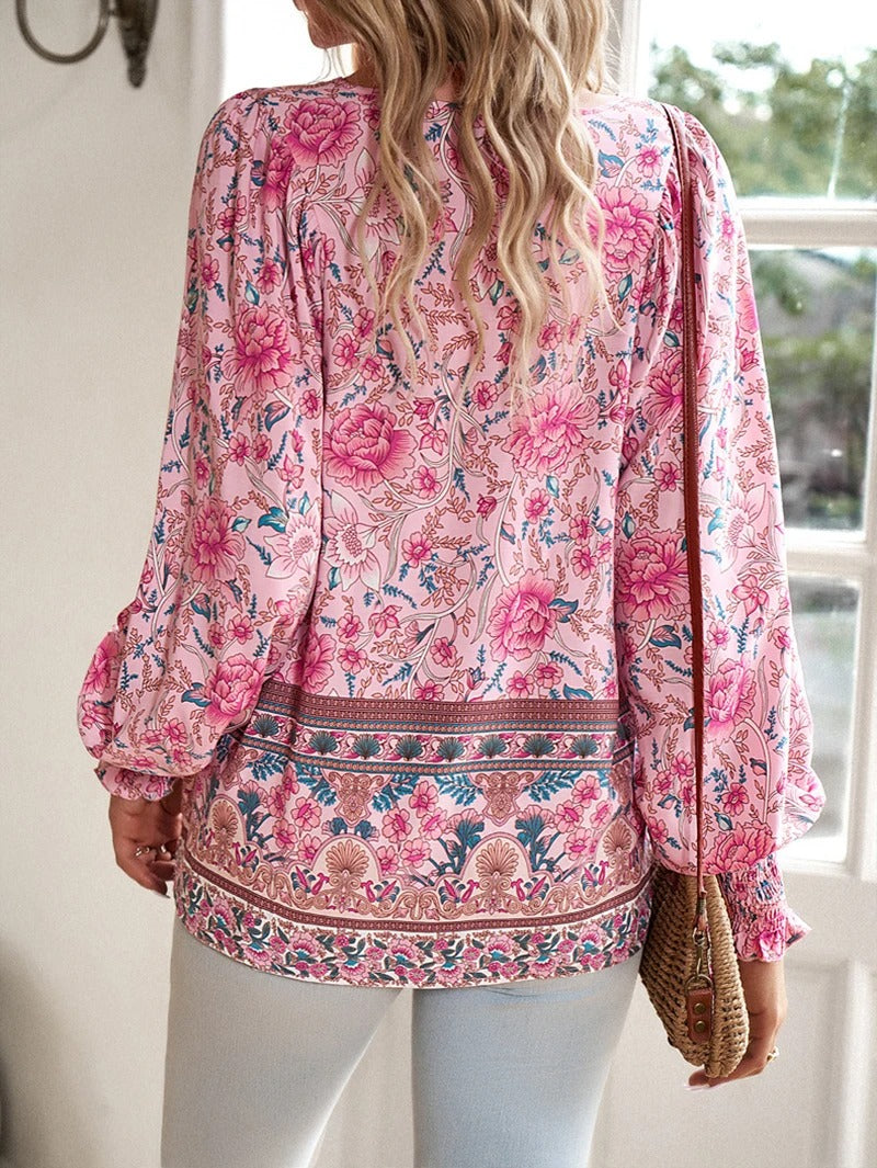 Cotton Floral Print Blouse Ruffled Cuffs Long Sleeve Top Lightweight For Women