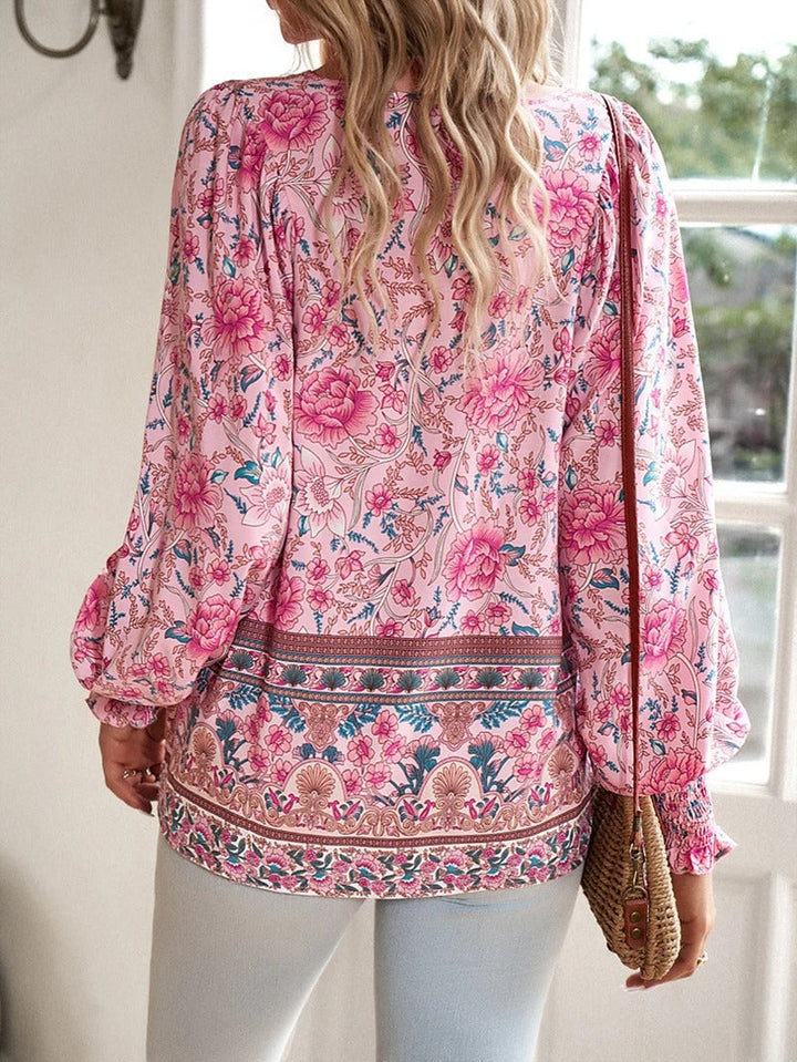 Cotton Floral Print Blouse Ruffled Cuffs Long Sleeve Top Lightweight For Women