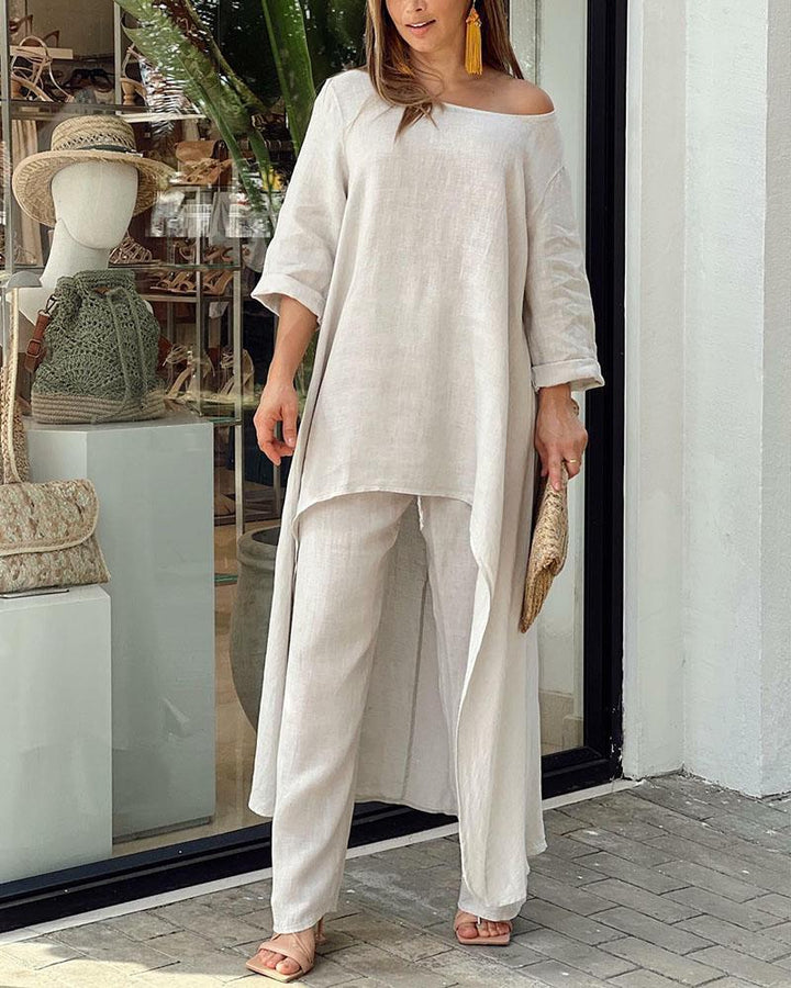 Women's Two Piece Set Summer Fashion Breathable Cotton Linen Tunic and Wide Leg Pants