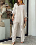 Women's Two Piece Set Summer Fashion Breathable Cotton Linen Tunic and Wide Leg Pants