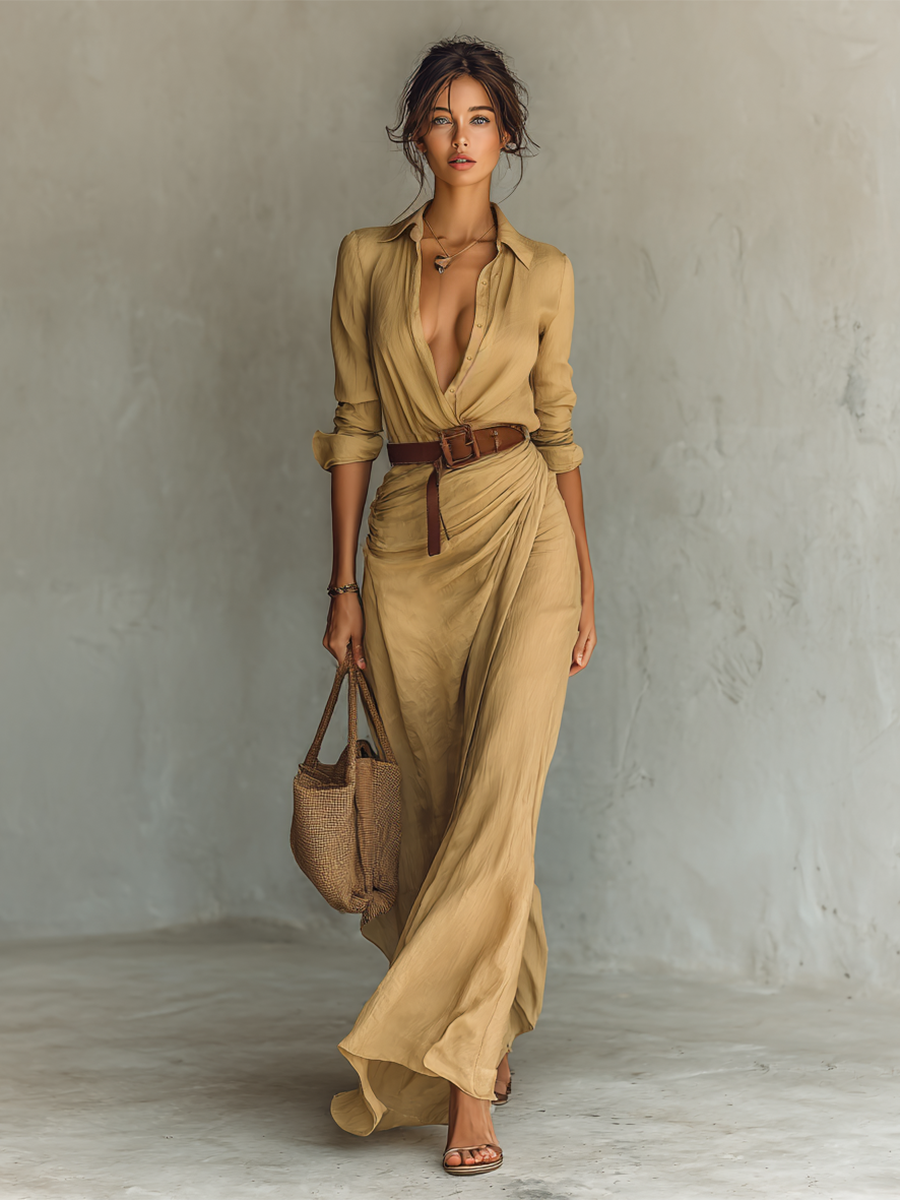 Women's Linen Maxi Shirt Dress Summer Long Sleeve Casual Gown
