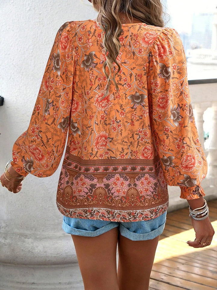 Cotton Floral Print Blouse Ruffled Cuffs Long Sleeve Top Lightweight For Women