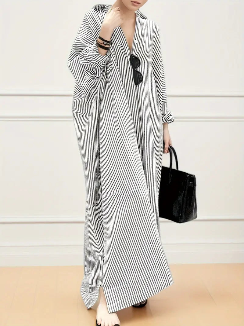 Women's Striped Maxi Kaftan Dress Summer Fashion Breathable Cotton Sundress