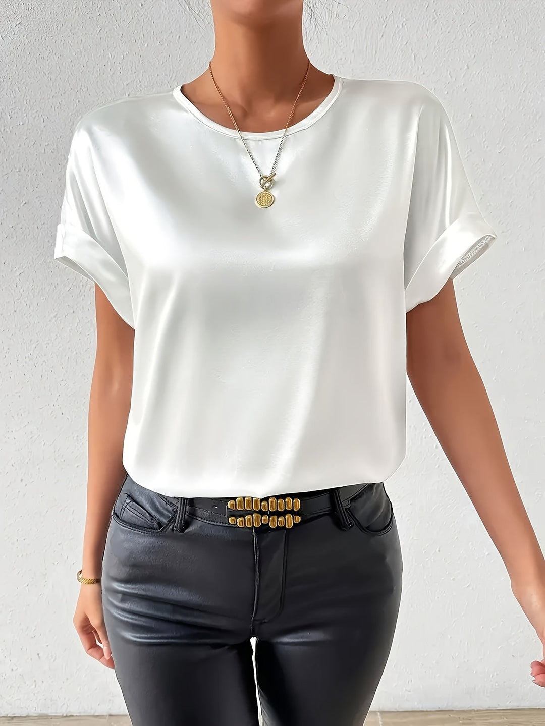 Satin Blouse Short Sleeve Cotton Blend Top Women's Summer Fashion