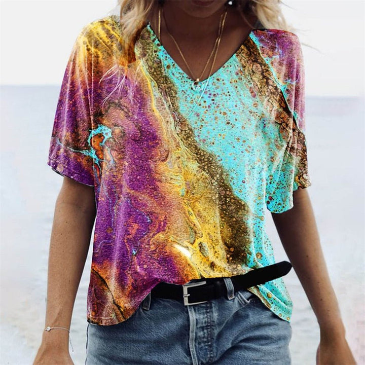 Women's T-Shirt Summer Fashion Breathable Boho Print Casual V-Neck Tee