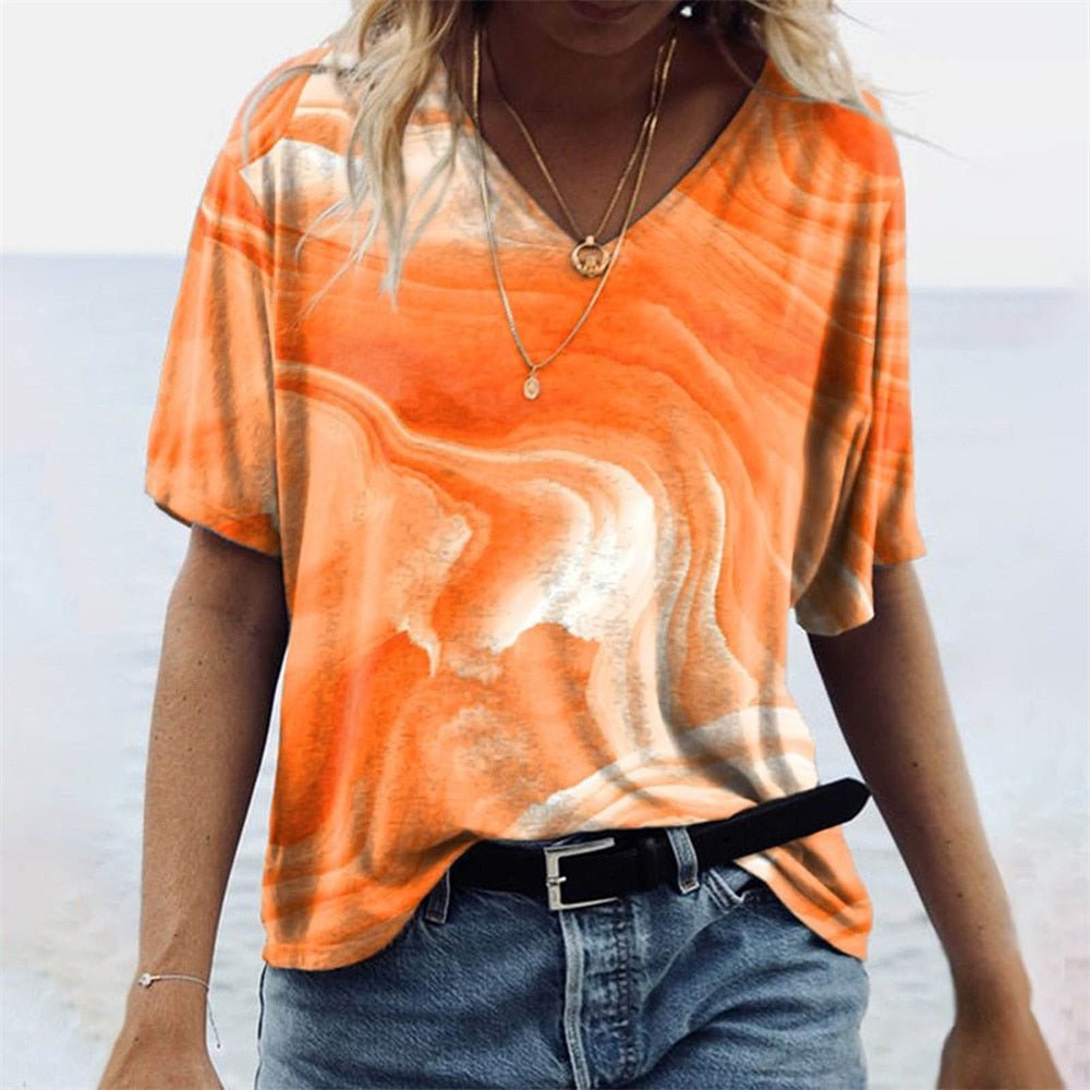 Women's T-Shirt Summer Fashion Breathable Boho Print Casual V-Neck Tee