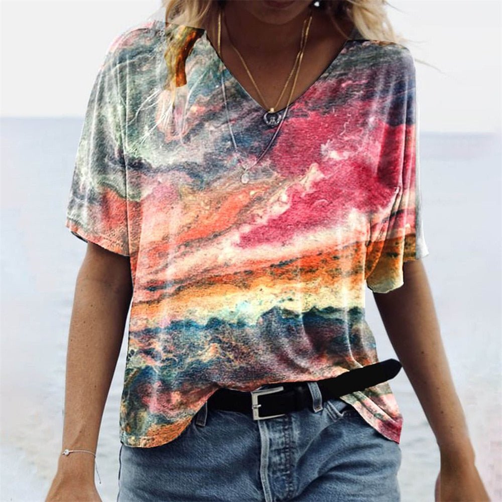 Women's T-Shirt Summer Fashion Breathable Boho Print Casual V-Neck Tee