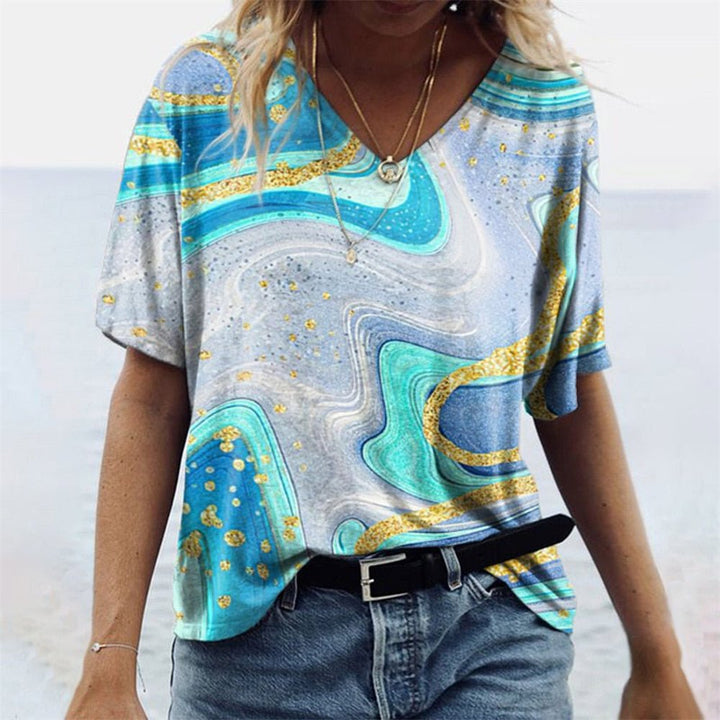Women's T-Shirt Summer Fashion Breathable Boho Print Casual V-Neck Tee