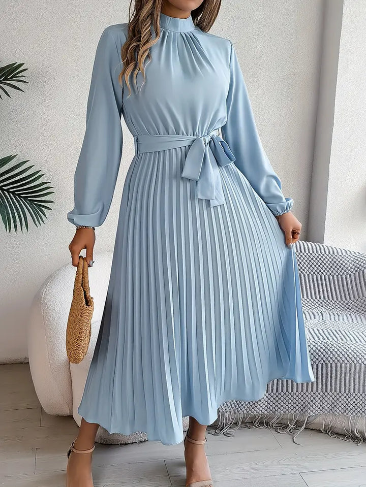 Women's Pleated Midi Dress Long Sleeve Summer Tie Waist