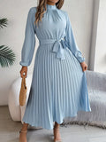 Women's Pleated Midi Dress Long Sleeve Summer Tie Waist