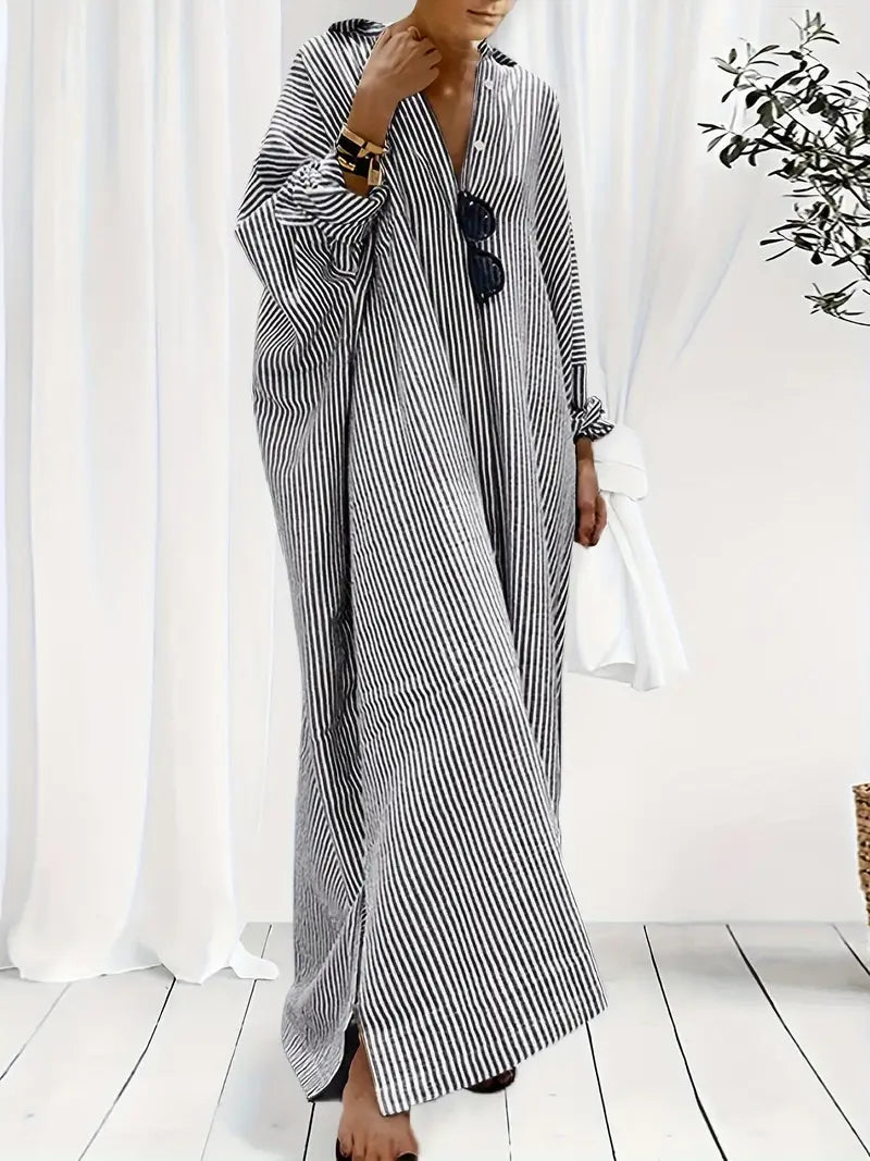 Women's Striped Maxi Kaftan Dress Summer Fashion Breathable Cotton Sundress