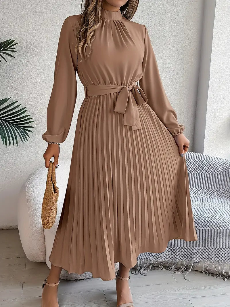 Women's Pleated Midi Dress Long Sleeve Summer Tie Waist