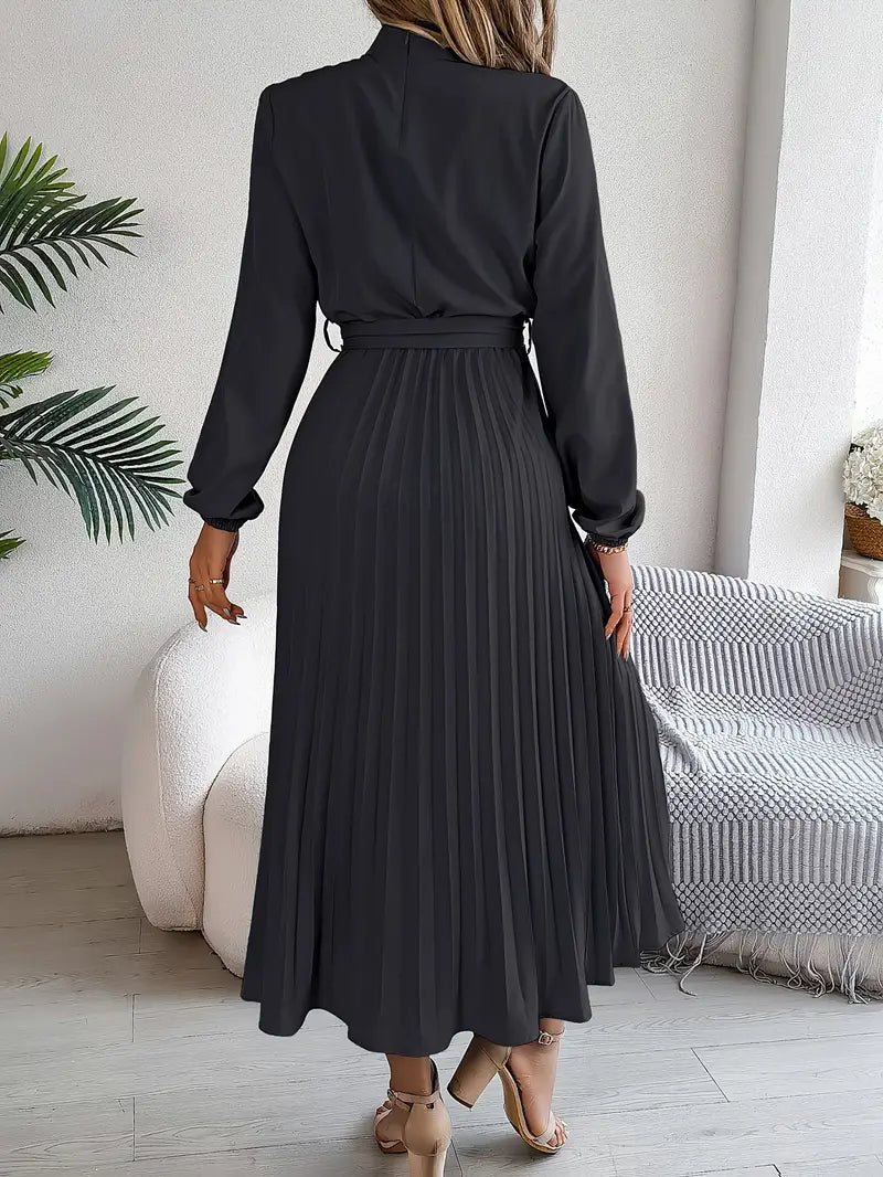 Women's Pleated Midi Dress Long Sleeve Summer Tie Waist