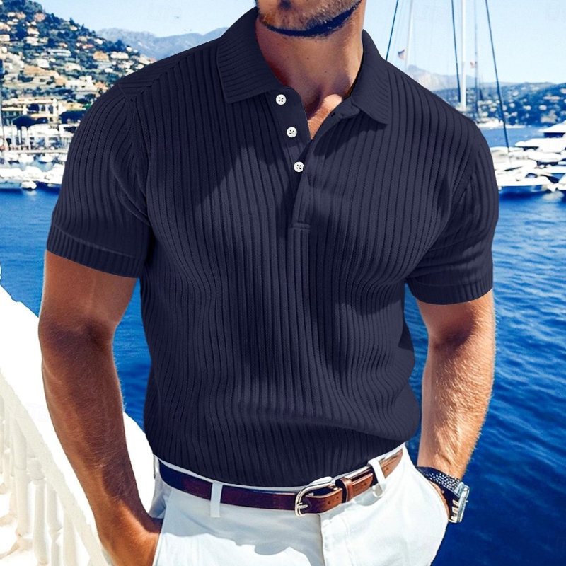 Men's Knit Polo Shirt Cotton Short Sleeve Textured Summer Top