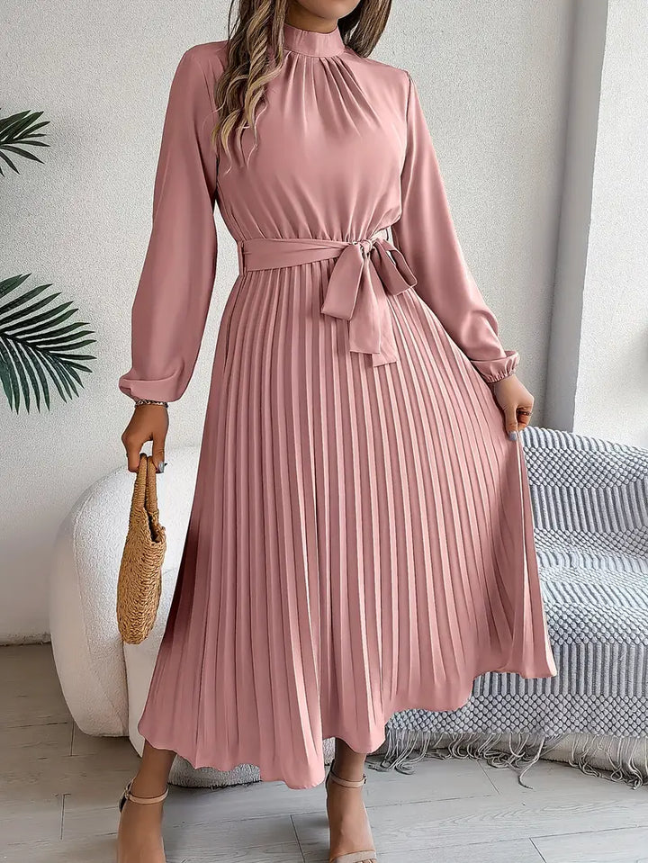 Women's Pleated Midi Dress Long Sleeve Summer Tie Waist