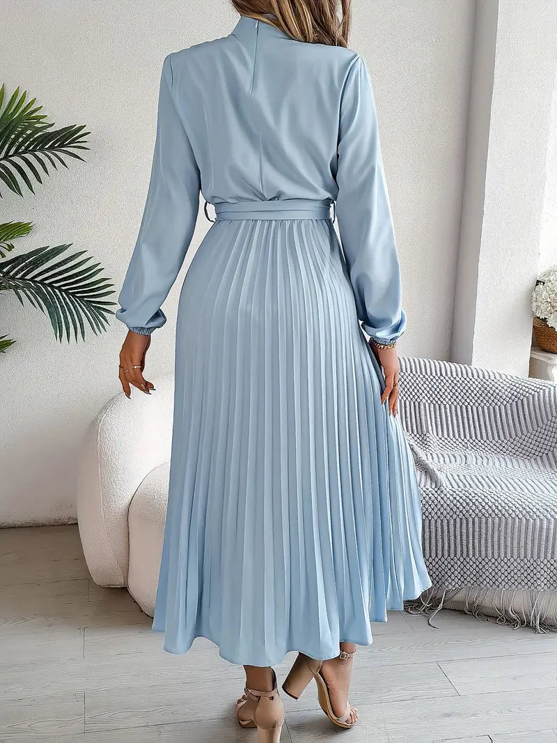 Women's Pleated Midi Dress Long Sleeve Summer Tie Waist