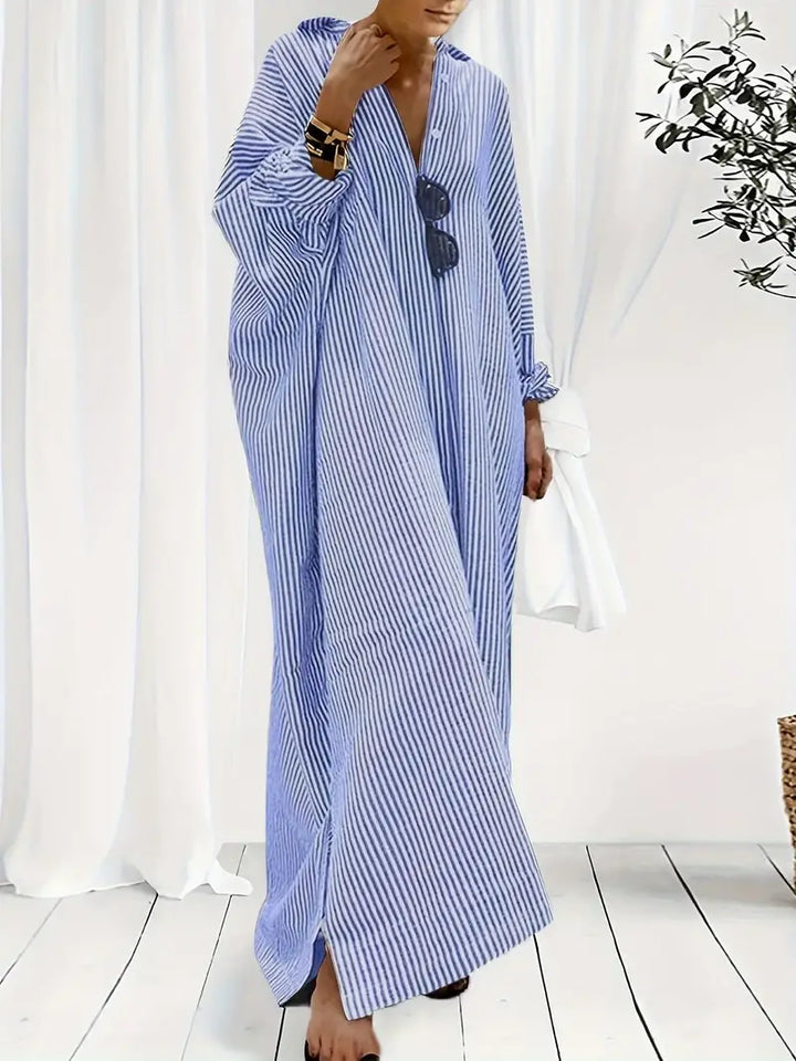 Women's Striped Maxi Kaftan Dress Summer Fashion Breathable Cotton Sundress