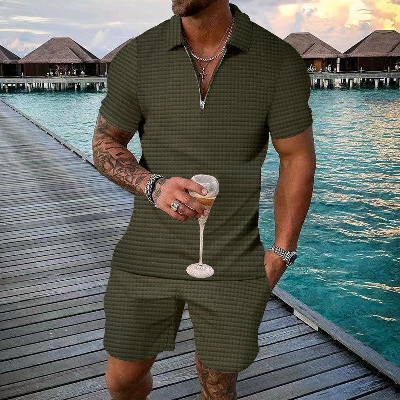 Men's Short Sleeve Textured Outfit Set Summer Fashion Breathable Cotton Knit Suit