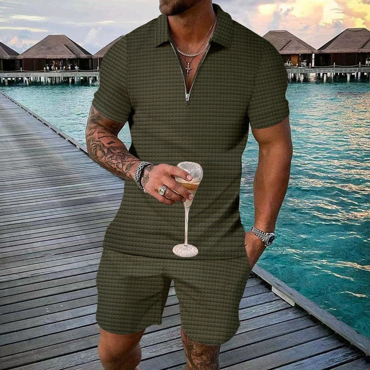 Men's Short Sleeve Textured Outfit Set Summer Fashion Breathable Cotton Knit Suit