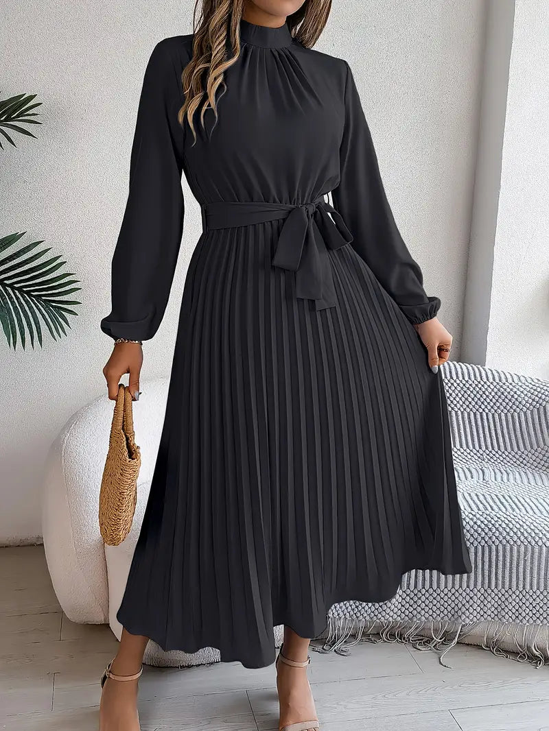 Women's Pleated Midi Dress Long Sleeve Summer Tie Waist