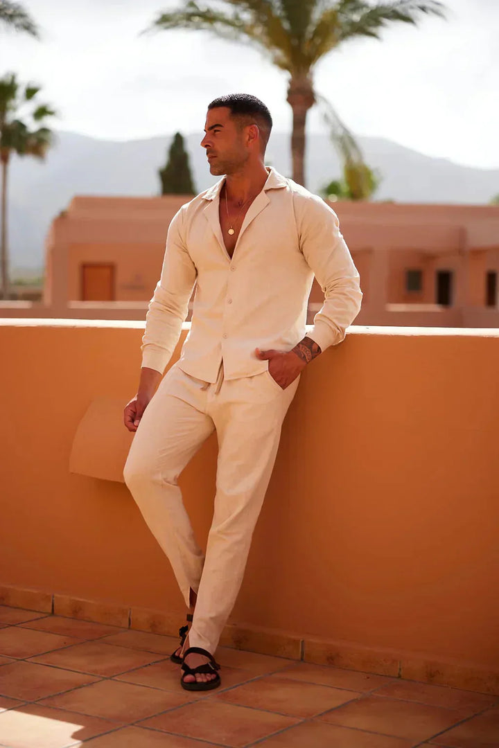 Linen Outfit Set Men's Summer Cuban Collar Shirt and Trousers