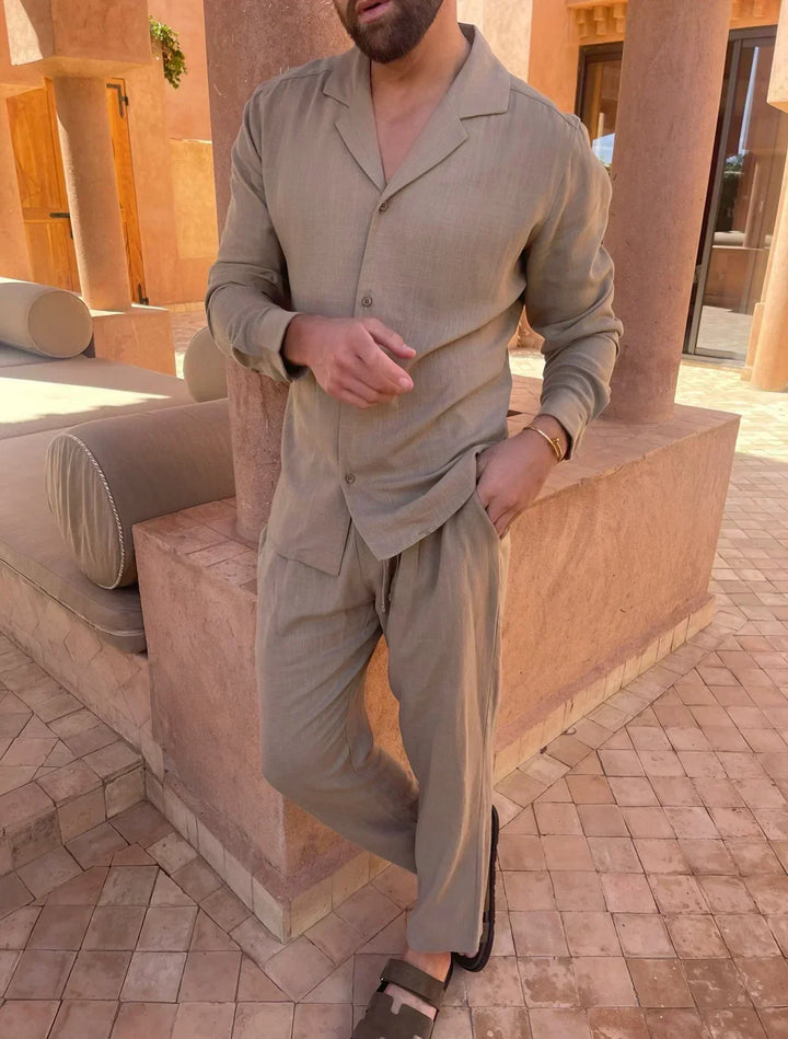 Linen Outfit Set Men's Summer Cuban Collar Shirt and Trousers