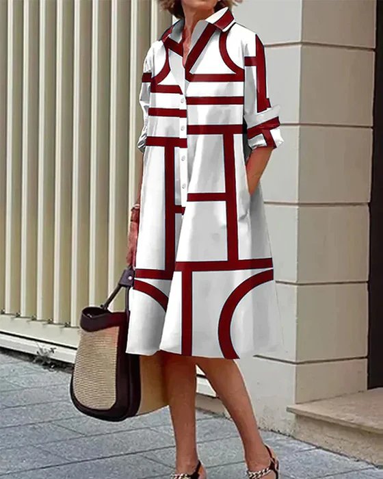Women's Cotton Geometric Midi Shirt Dress Summer Casual