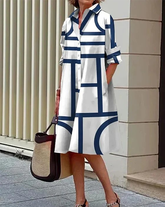 Women's Cotton Geometric Midi Shirt Dress Summer Casual