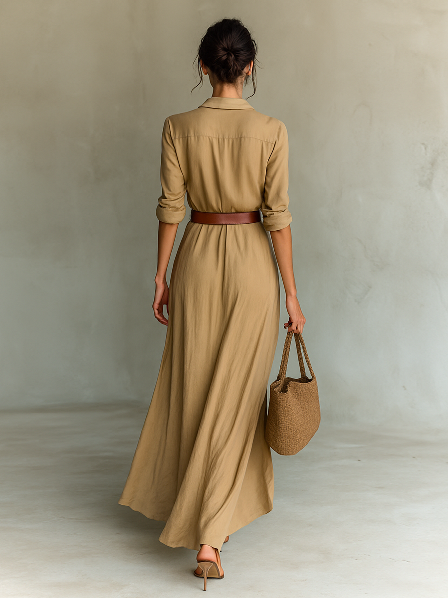 Women's Linen Maxi Shirt Dress Summer Long Sleeve Casual Gown