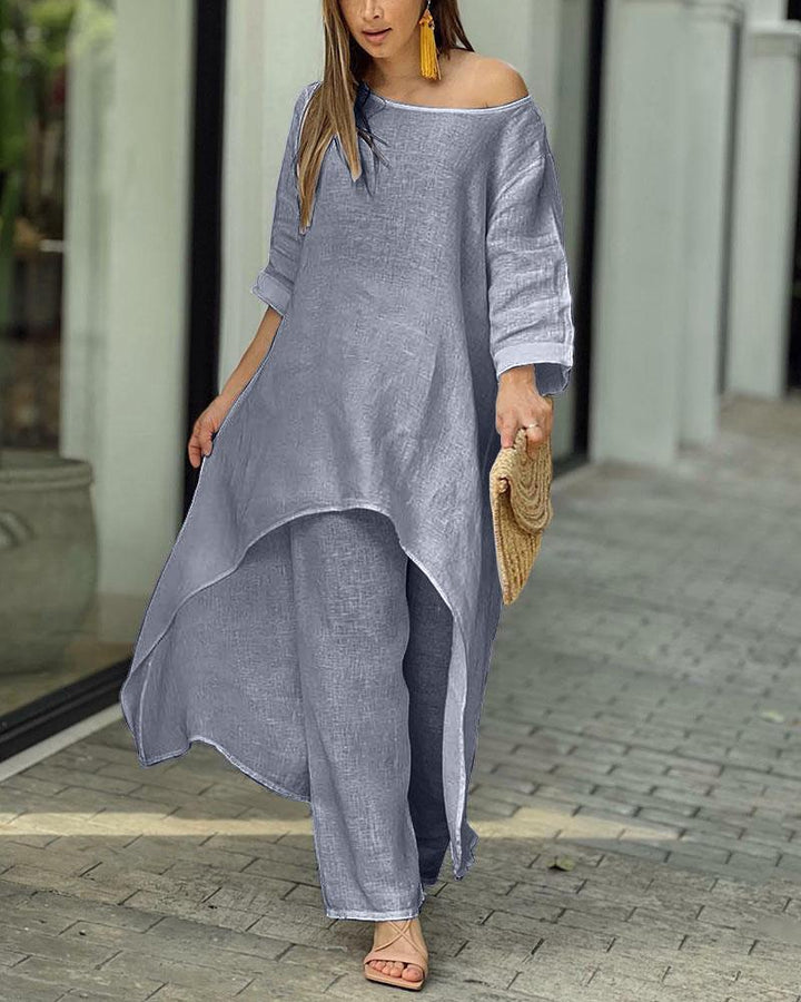 Women's Two Piece Set Summer Fashion Breathable Cotton Linen Tunic and Wide Leg Pants