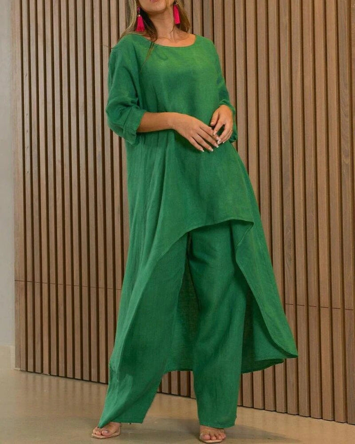 Women's Two Piece Set Summer Fashion Breathable Cotton Linen Tunic and Wide Leg Pants
